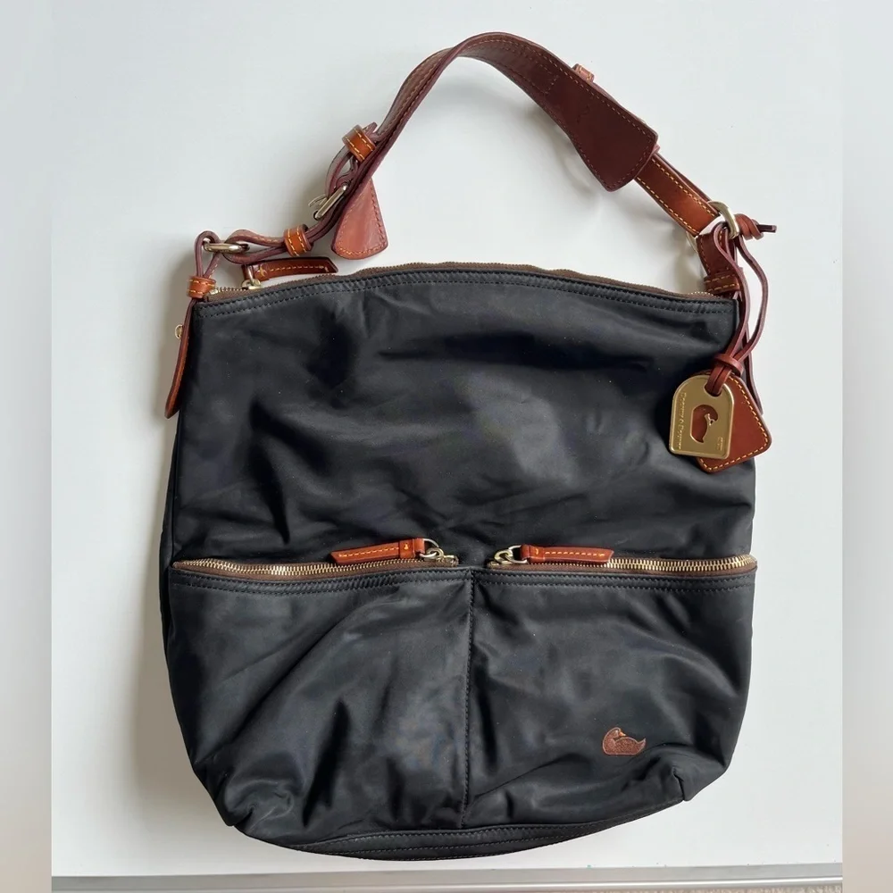 Dooney & Bourke Black Tote with Brown Leather and Gold Tag